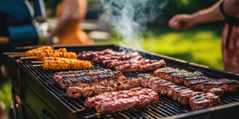 Naklejka premium A family gathering at a backyard barbecue, grilled food served on rustic platters in a relaxed and friendly setting