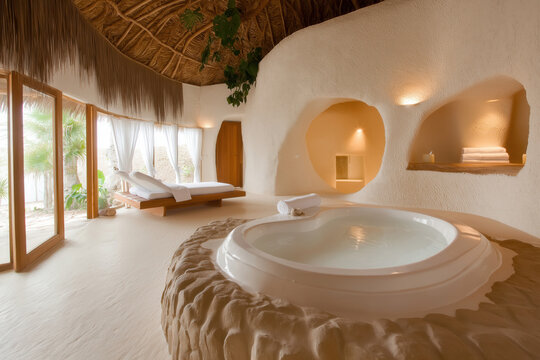 Wide-angle shot of a spa therapy room featuring milk-based treatments, modern and soothing decor with natural elements, National Milk Day, World Milk Day, dairy products