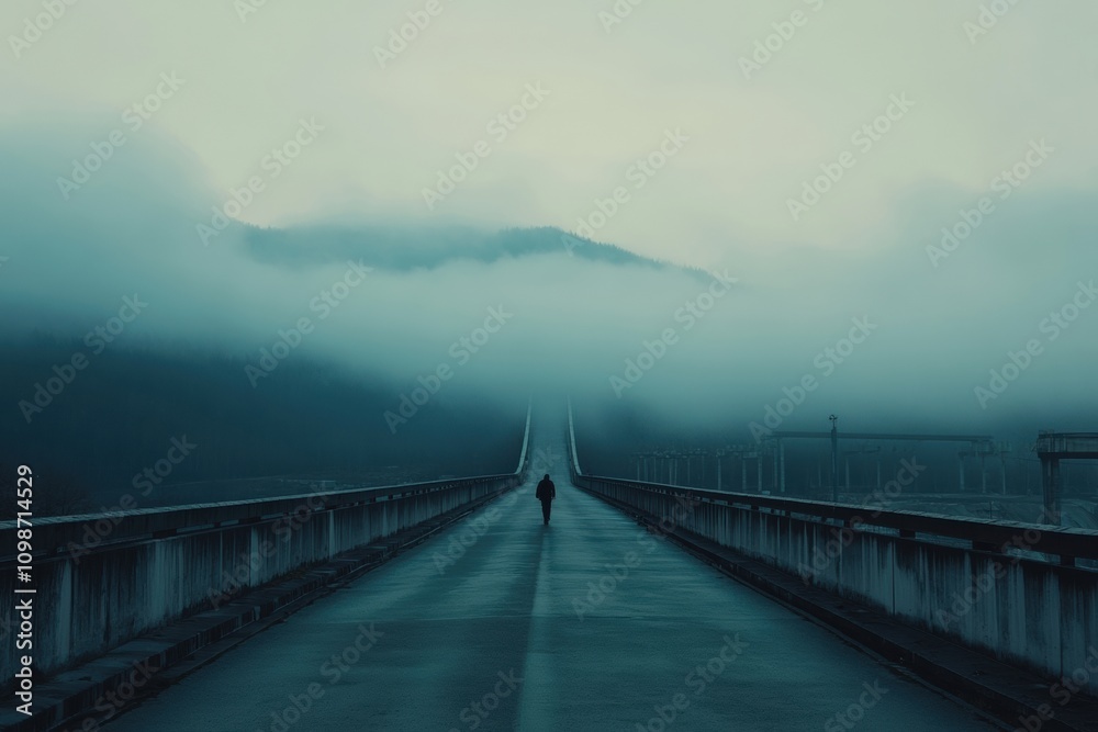 Fototapete a lone person walks down an expansive, empty bridge, surrounded by thick fog and distant mountains, 