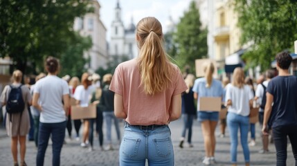 Obraz premium Young Woman Observing Peaceful Protest with Crowd in Urban Setting, Focusing on Social Change and Community Engagement, Demonstrating Youth Activism and Solidarity