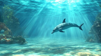 Obraz premium Dolphin gracefully swimming through sunlit ocean waters, AI