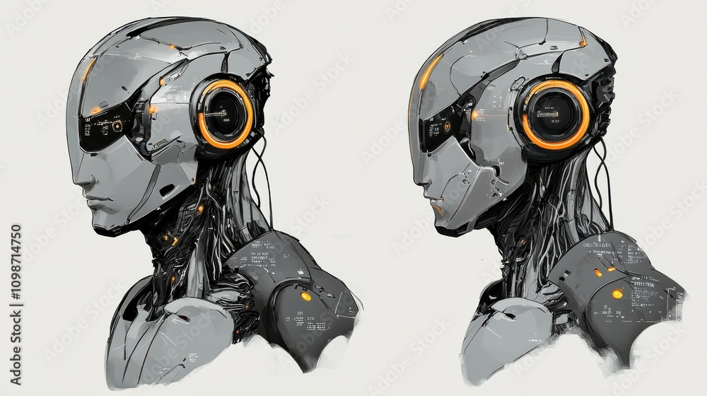 Poster angular droid robot and cyborg design for future of people living. digital data mining and machine l