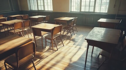 A classroom that is vacant. Back to school concept in high school. Vintage wooden lecture chairs and desks comprise the classroom interior.