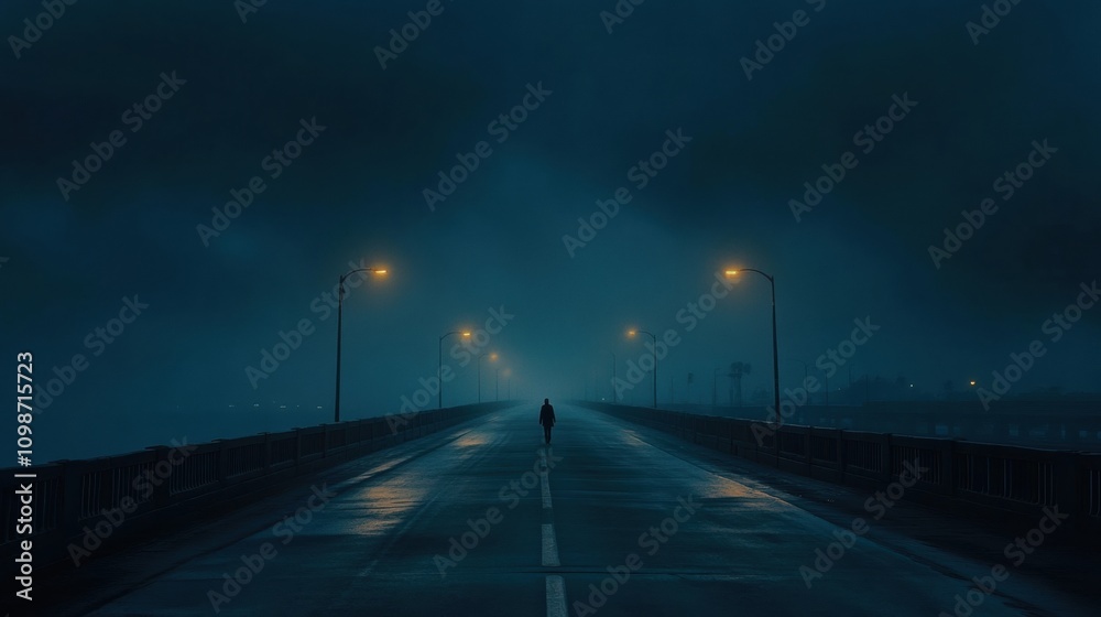 Poster a figure walks alone on a deserted bridge, illuminated by faint streetlights, as dark clouds loom ov
