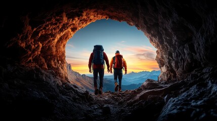 Fototapeta premium Two Hikers Emerging from Cave Opening with Vibrant Sunset Over Mountain Landscape in Background
