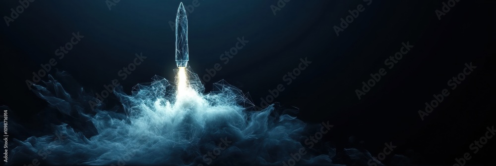 Leinwandbilder a wireframe rocket launches amidst a cloud of vapor, representing the forefront of technological inn