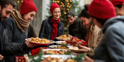 A group of volunteers distributing warm meals during a holiday charity drive, tables decorated with festive touches as people enjoy food and conversation