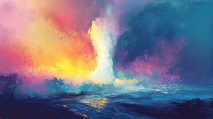 Obraz premium A geyser erupting, shooting water and steam high into the air, energy colorful