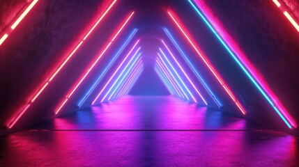 Fototapeta premium abstract geometric neon background with glowing triangular frame. Laser linear shape at the end of dark tunnel