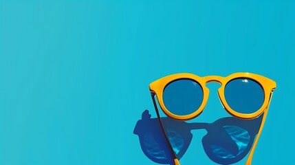 Fototapeta premium A pair of yellow sunglasses with blue lenses rests on a bright blue background, casting a shadow below.