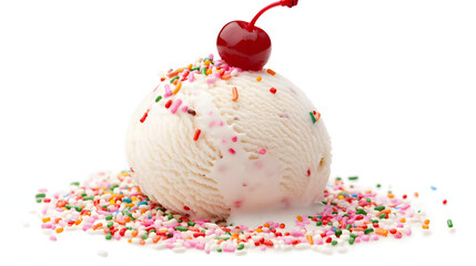 Realistic display of a scoop of ice cream topped with sprinkles and a cherry on a white background, highlighting the colorful toppings and creamy texture