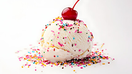 Realistic display of a scoop of ice cream topped with sprinkles and a cherry on a white background, highlighting the colorful toppings and creamy texture