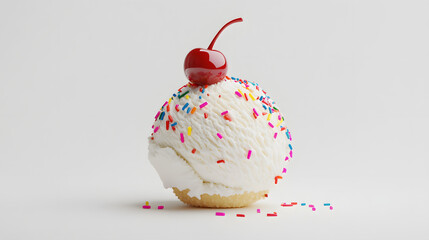 Realistic display of a scoop of ice cream topped with sprinkles and a cherry on a white background, highlighting the colorful toppings and creamy texture