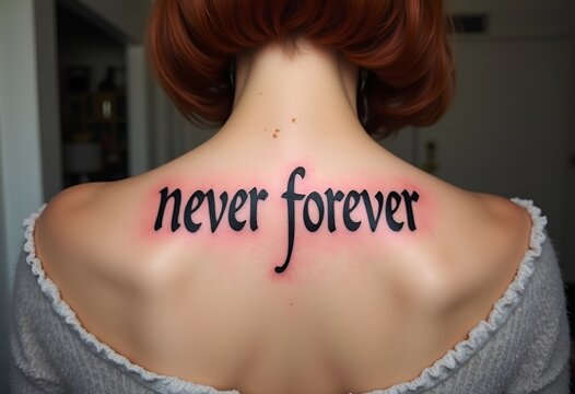 Woman showing never forever calligraphy tattoo on upper back. Philosophical paradox about impermanence and time. Perfect for body art, existential concepts, mindfulness, poetry, meaningful tattoos