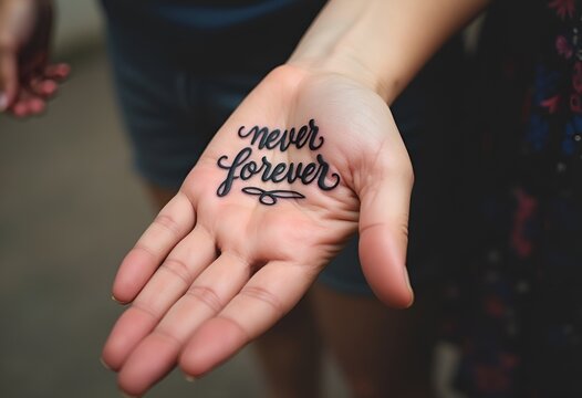 Open palm presenting "never forever" handwritten calligraphy message. Philosophical paradox about time, impermanence and fleeting moments. Perfect for conceptual, existential, mindfulness, poetry