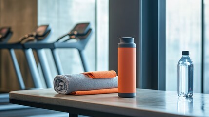 Fitness Essentials A Water Bottle and Towel Ready for a Workout Session in a Modern Gym