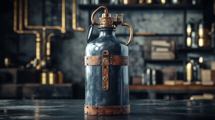 Fototapeta premium Antique Fire Extinguisher with Leather Straps in a Vintage Workshop Setting