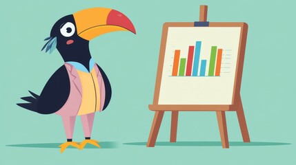 Fototapeta premium Toucan businessman presenting bar chart growth report on easel