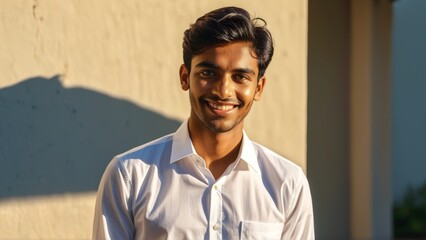 Obraz premium Young man in white shirt smiling against sunlit wall