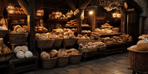 A market stand selling homemade artisan bread, loaves stacked in wooden baskets with warm lighting and rustic charm