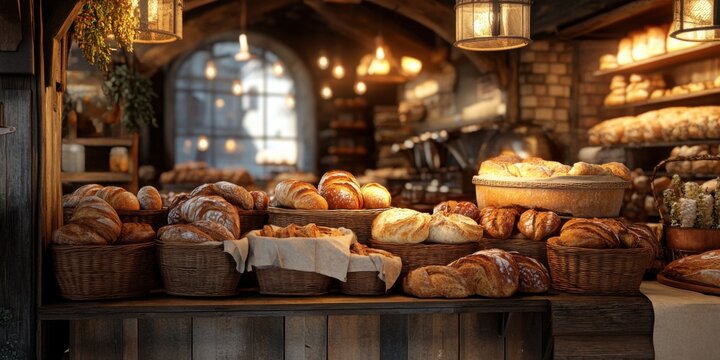 A market stand selling homemade artisan bread, loaves stacked in wooden baskets with warm lighting and rustic charm
