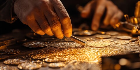 A metalsmith creating fine filigree designs on jewelry, delicate patterns emerging under bright and focused light