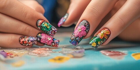 A nail artist creating detailed designs on a clientâ€™s nails, a bright and colorful salon with a joyful and relaxed vibe