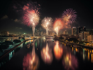 Fototapeta premium Ein spektakuläres Feuerwerk über einer Stadt bei Nacht. Die bunten Lichter spiegeln sich im Wasser, während die feierliche Atmosphäre den Beginn eines besonderen Moments 