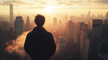 Fototapeta premium A person gazes over a city skyline at sunset, symbolizing contemplation and ambition. The urban landscape glows with warm hues, highlighting the beauty and potential of city life.