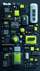 Fototapeta premium An illustration on coding education, using soft gray, lime green, and blue. Include symbols like code brackets, laptops, and abstract nodes, layering each for depth and focusing on technology literacy