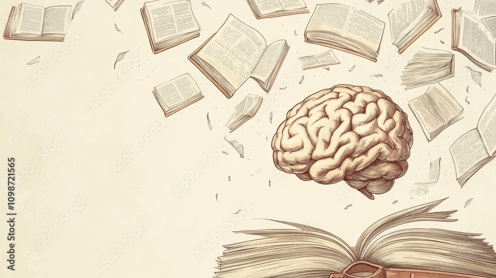 Aufkleber a brain hovers above open books with flying pages, illustrating the connection between learning, kno