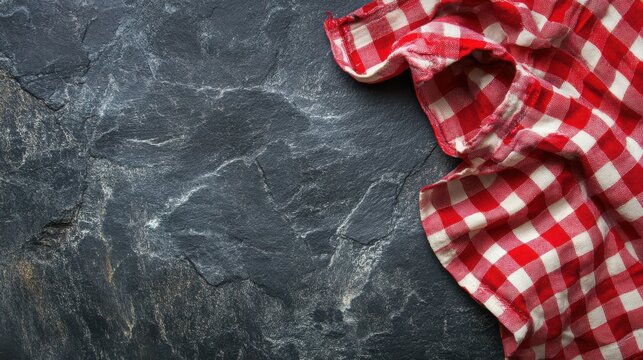 A red checkered tablecloth lays on a dark stone surface providing a copy space image from a top view perspective
