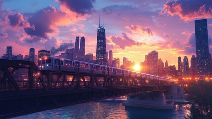 Naklejka premium A sleek train races over an elevated bridge, revealing the stunning Chicago skyline in the background as the sun sets, painting the sky with vibrant colors