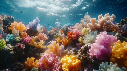 Naklejka premium Thriving coral reef with microplastics transforming into corals, showing resilience and the potential for ocean regeneration. Bright, colorful marine life against a backdrop of subtle blue ocean