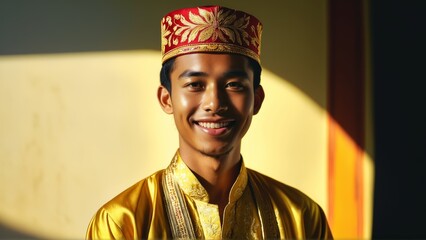 Obraz premium Traditional attire: young man in gold and red embroidered hat smiling in sunlight