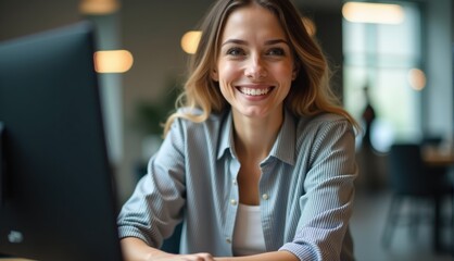 Young woman with long hair sitting at a desk, smiling while looking at a computer screen, engaged in work in a bright, contemporary office space