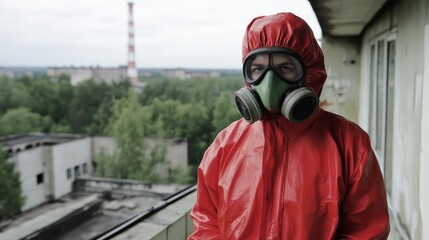 person wearing a red protective suit and gas mask is standing on a balcony, overlooking desolate buildings and smokestacks under a cloudy sky. atmosphere appears eerie and unsettling