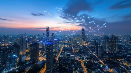 Fototapeta premium Abstract Bangkok city background with wireless network and connection technology concept
