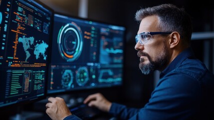 experienced data analyst engages with multiple monitors displaying intricate charts and world maps, analyzing data trends and patterns late at night in a modern workspace