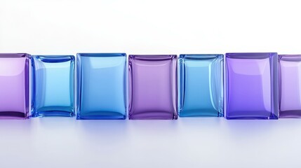 abstract background with row of violet blue square translucent glass shapes isolated on white