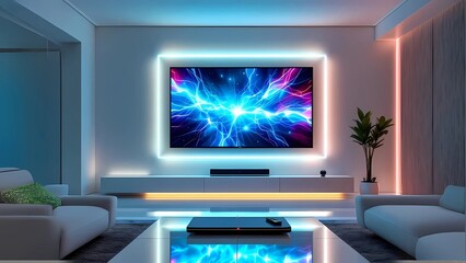 Fototapeta premium Ultra-Modern Living Room with Sleek Smart TV and Vibrant Neon Lights Creating a Futuristic Ambiance.