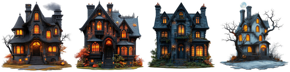 Eerie haunted house with gothic architecture and lighting, isolated on transparent background