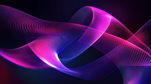 abstract background with knotted shape. Tangled loop ribbon, knot glowing in the dark, pink violet spectrum light