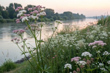 Obraz premium Flowers bloom along the riverbank at sunset creating a serene natural landscape