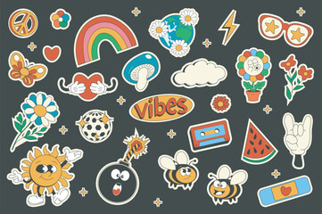 Fototapeta premium Vintage groovy set elements in flat graphic design. Collection of peace, rainbow, daisy, planet, hug, butterfly, mushroom, vibes, bees, bomb, watermelon, other funky mascots. Vector illustration.