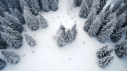aerial view of snow-covered evergreen forest in winter