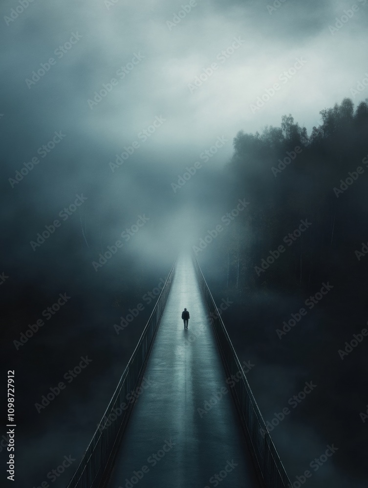 Leinwandbilder a solitary figure walks along a long, empty bridge enveloped in dense fog, creating a mysterious and