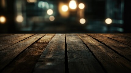 Chic Wooden Table Showcased Against a Darkened Blurred Background for Stylish Concepts
