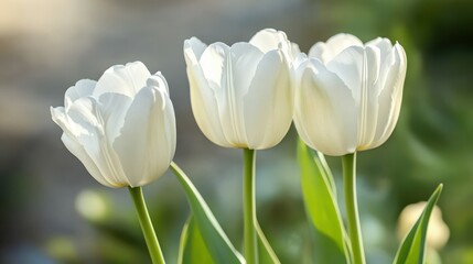 Aesthetic closeup of elegant white tulip flowers. Beautiful floral background in creative style