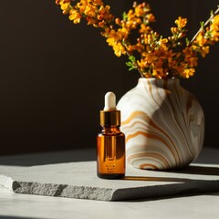 The image displays glass dropper bottles with amber and clear liquids on a light surface, surrounded by soft shadows and droplets, evoking freshness and elegance